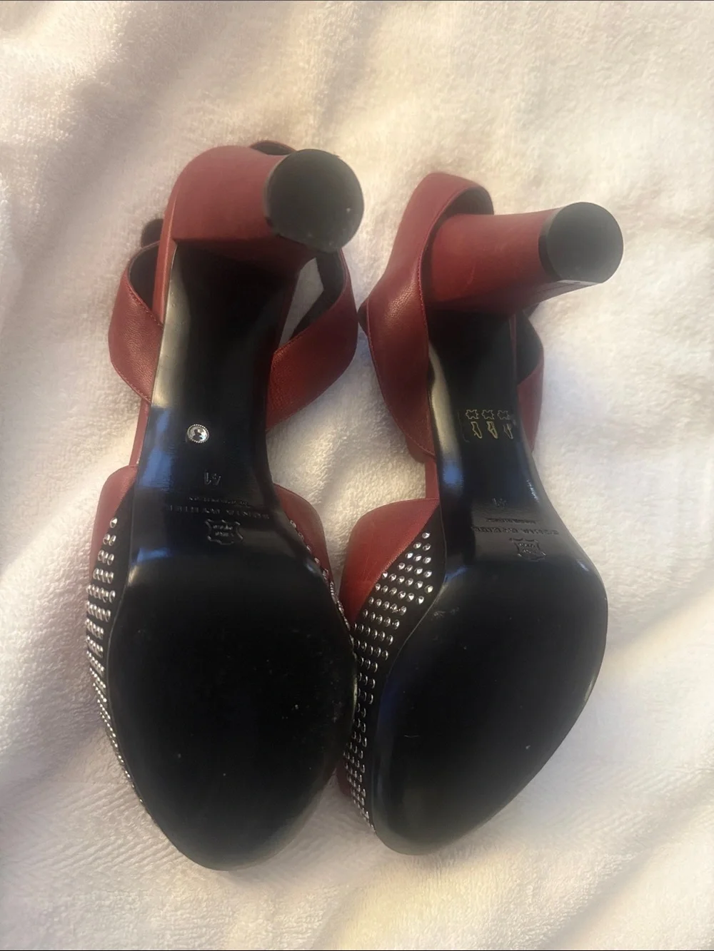 Sonia Rykiel Burgundy Studded Peep-Toe Block Heels with Ankle Strap